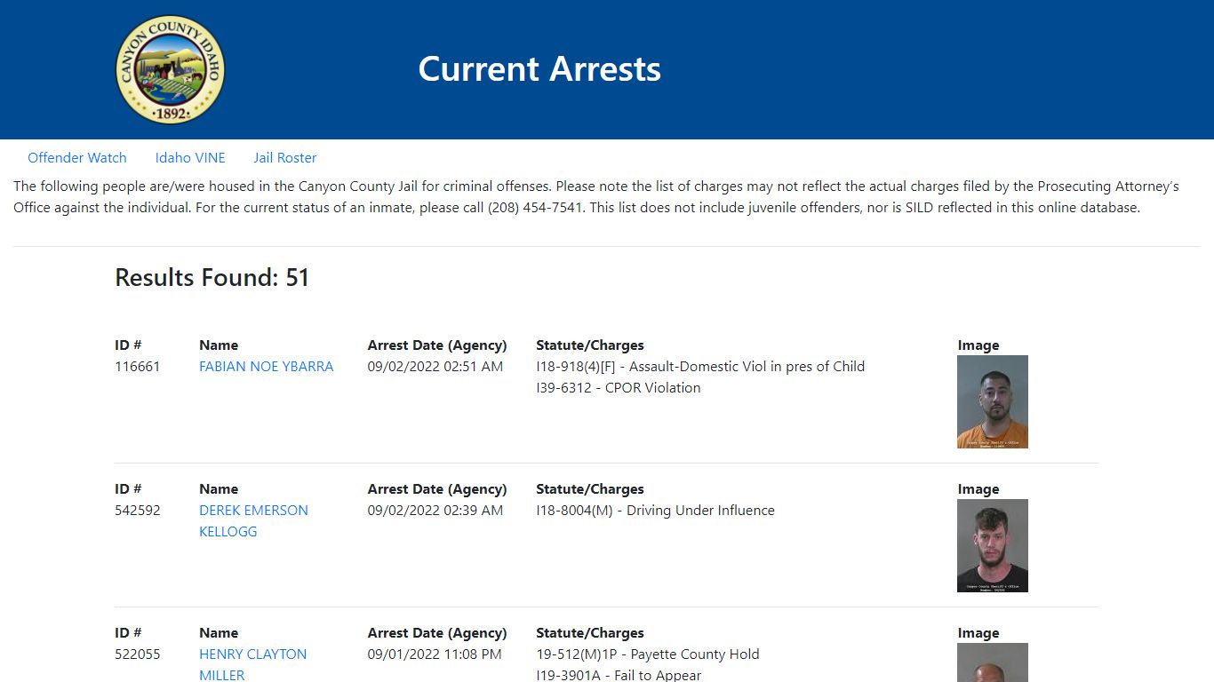 Current Arrests - Canyon County, Idaho